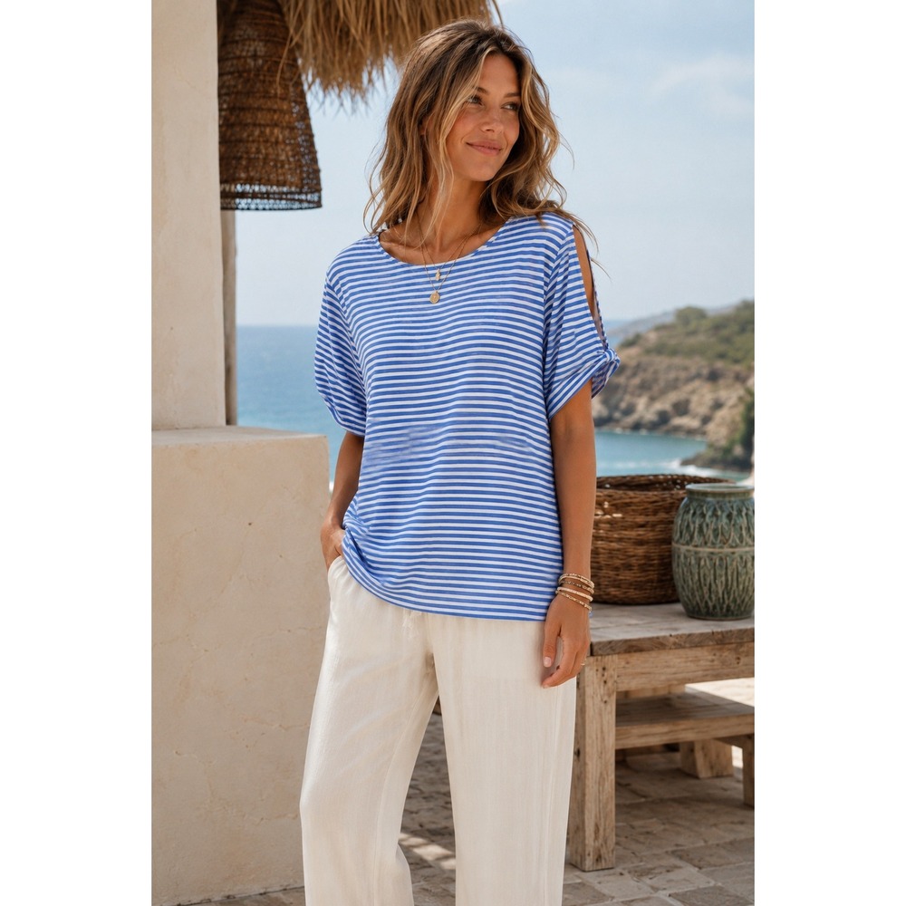 J. Jill Love Linen Striped Cold Shoulder Top Blue White Coastal Boho XL